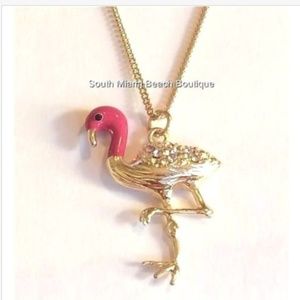 Gold Pink Flamingo Necklace Crystal Island 33"
